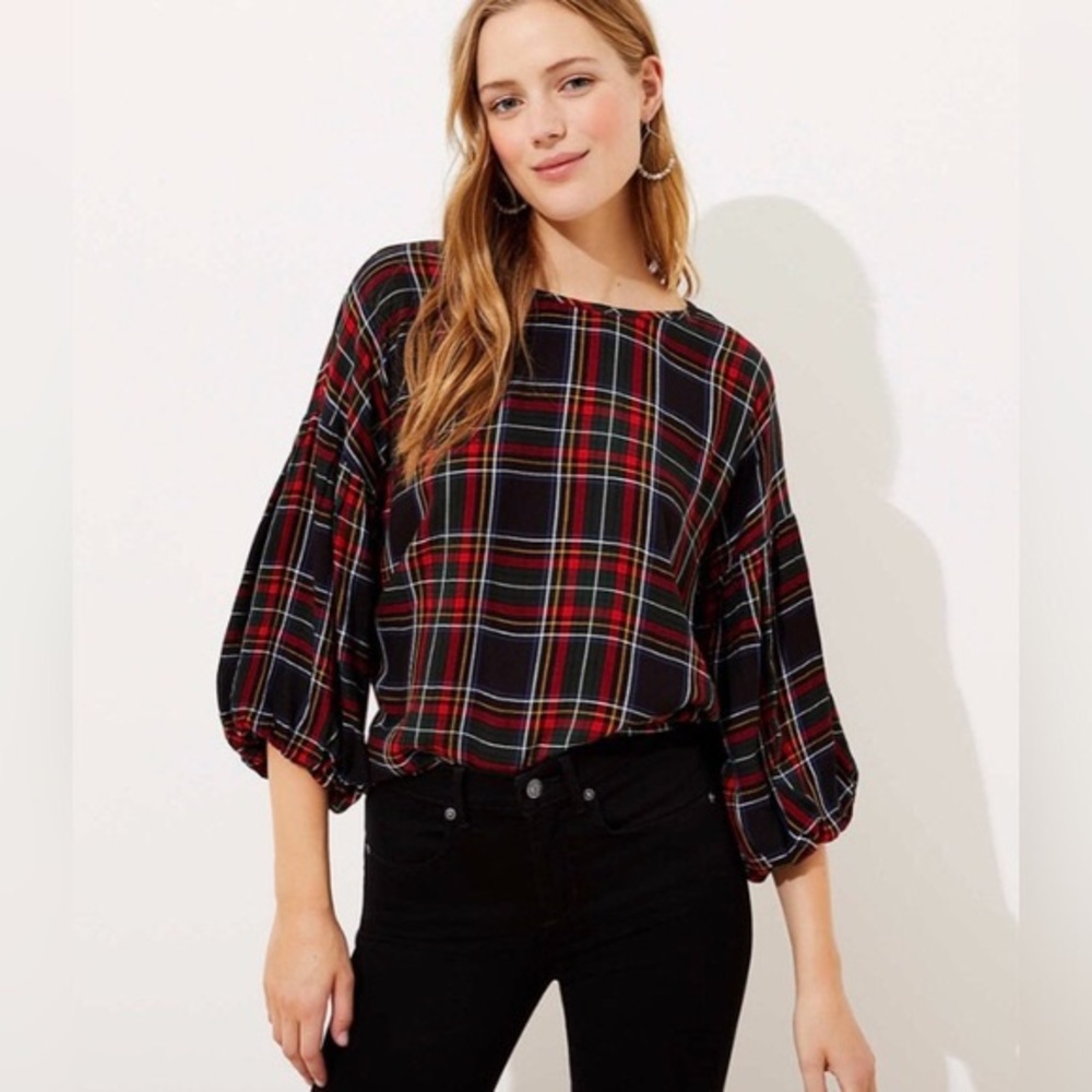 LOFT Plaid Button Back Balloon Sleeve Blouse